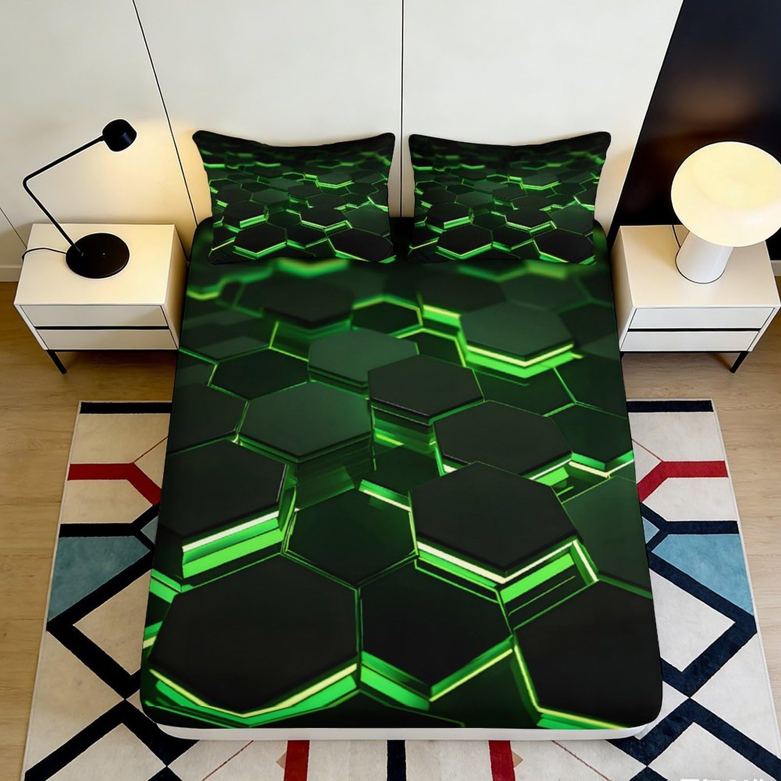 3D Printed Neon Hexagon Fitted Sheet Microfiber Bedroom Decor Glow Geometric Mattress Cover for Bed Protection 90x200x25cm