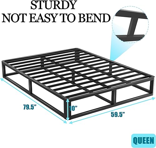 Miniatura 3 de Base de cama Queen de 10 pulgadas con bordes de esquina redondos, marco de cama de plataforma de metal Queen de perfil bajo con soporte de listones