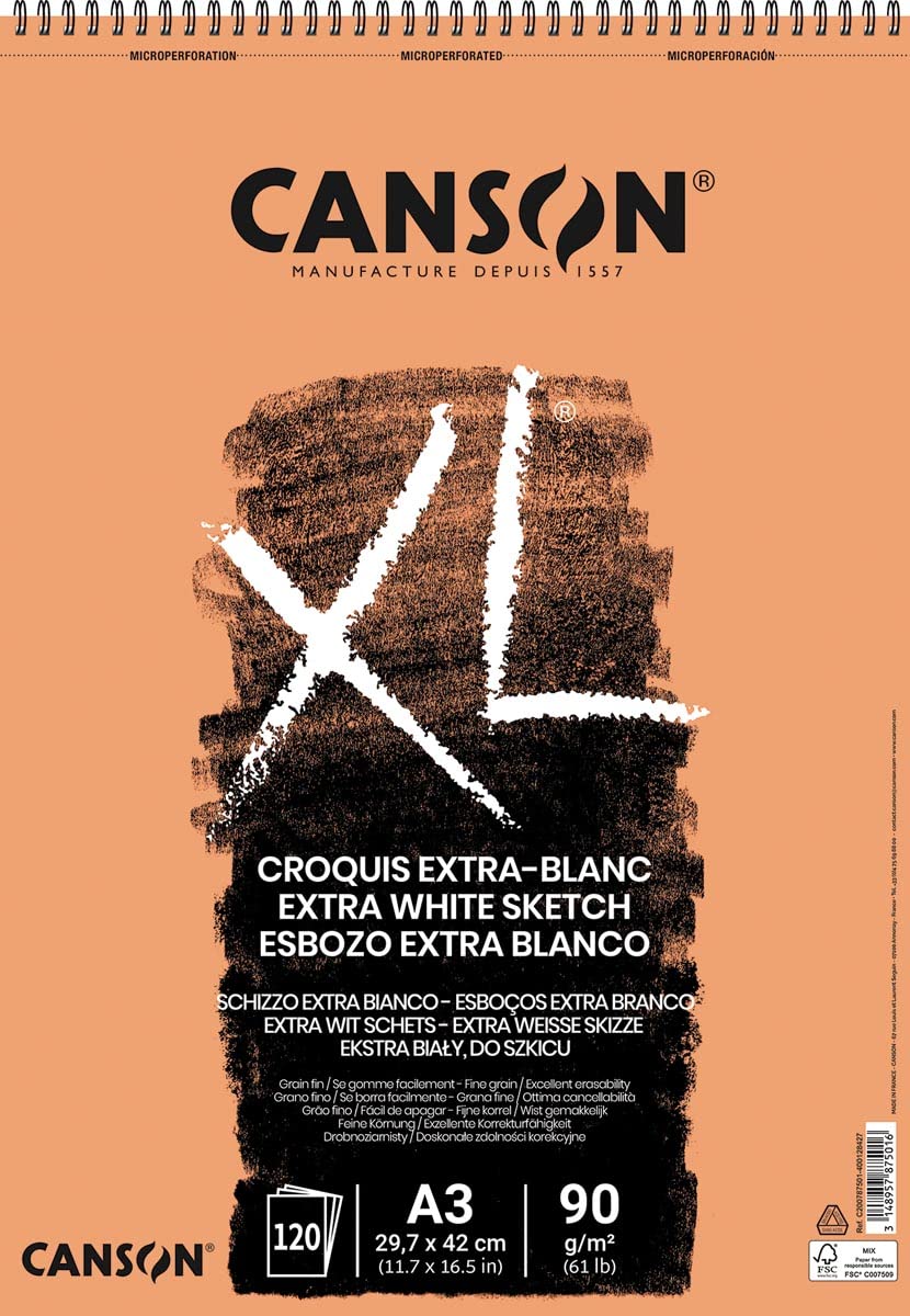 Canson 200787501 - Blocco a spirale, XL A3, 120 pagine, 90 g, confezione da 4, colore: Bianco