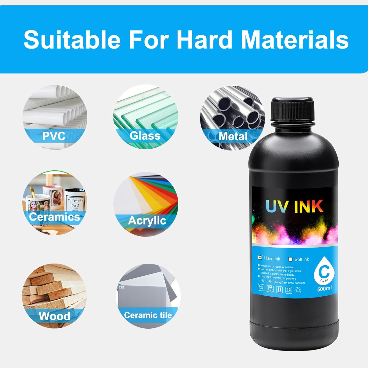 UV Ink for Hard Materials Compatible with Ep XP600 TX800 i3200 L805 1390 DX5 DX6 DX7 i1600 DX10 printhead – for Wood Acrylic,Plastic,Stone Material,etc 500MLx6 (CMYKWV)