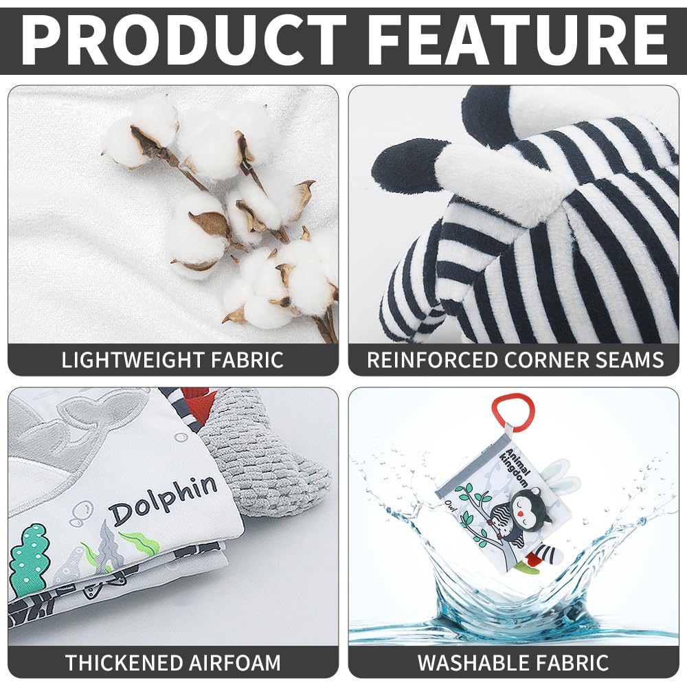 Baby Hanging Rattle Toys, Black and White High Contrast Baby Toys, Stroller Mobile Toy with Soft Plush Animal Rattles and Soothing Sounds, 4 Pack (Animal)