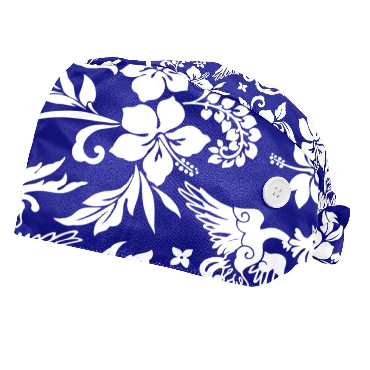 Dark Blue Line Flower 2 Pcs Unisex Working Cap with Button Bouffant Turban Cap Adjustable Hats Bouffant Hair