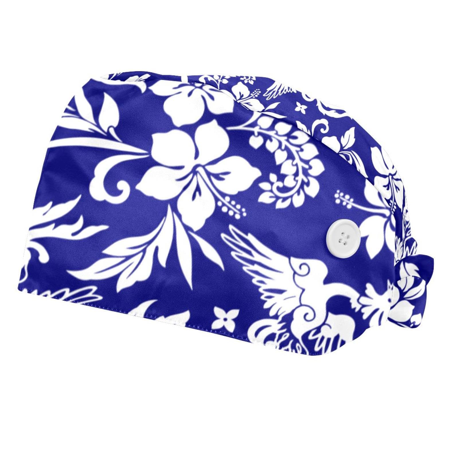 Dark Blue Line Flower 2 Pcs Unisex Working Cap with Button Bouffant Turban Cap Adjustable Hats Bouffant Hair