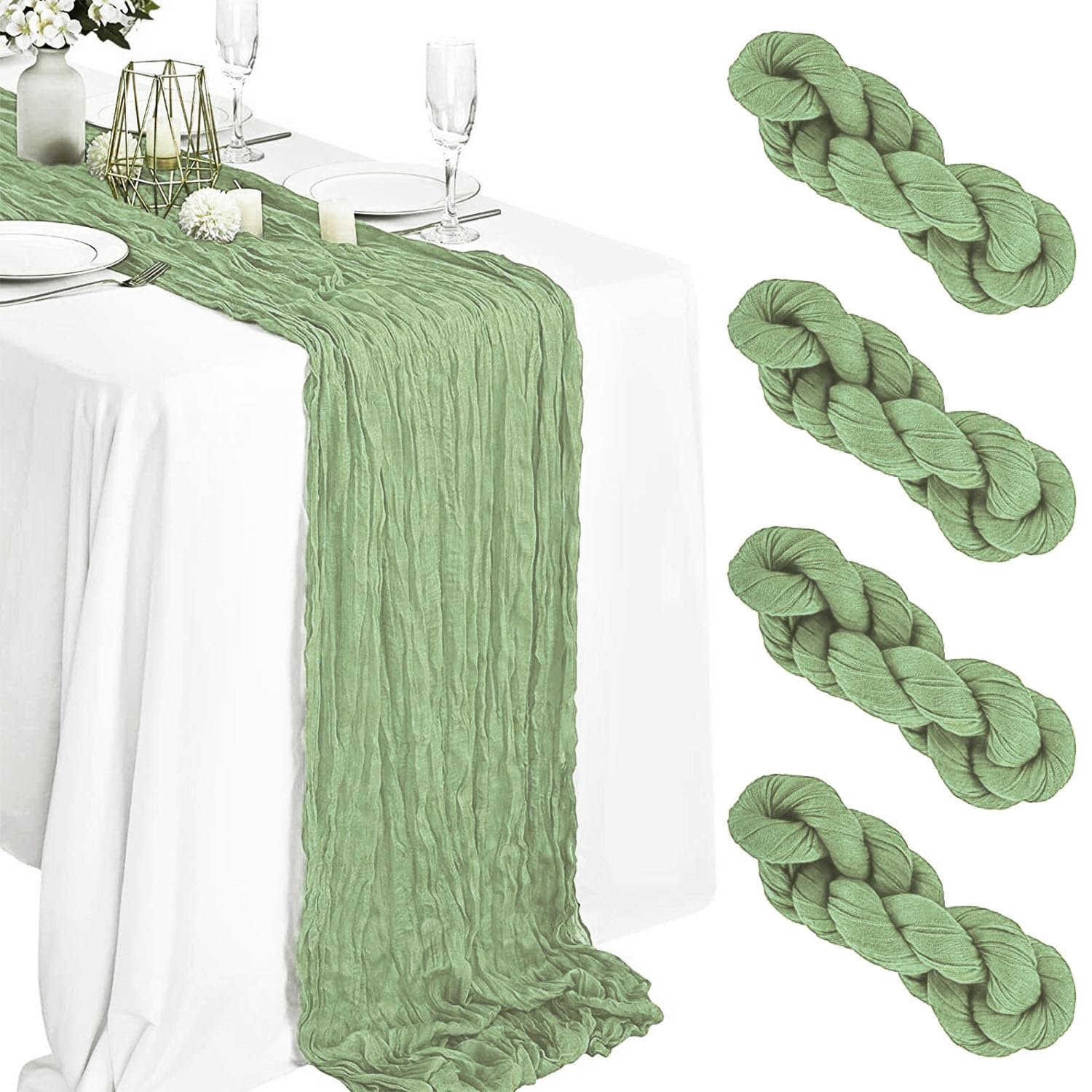 Sertay 4 Piezas Decoración Gasa Mesa Cocina, Mesa Decorativo Verde Gasa, Camino Mesa Gasa Rústica, Verde Claro Mesa Corredor, Boho Gasa Camino Mesa, para Decoración de Bodas, Despedida de Soltera