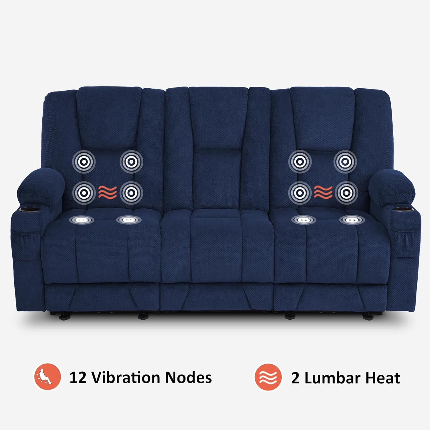 MCombo Zero Gravity Power Reclining Sofa with Heat and Vibration Massage, 3 Seater Reclining Couch with USB Ports, Cup Holders for Living Room, Fabric 6035SET (Navy Blue, 3 Seater)