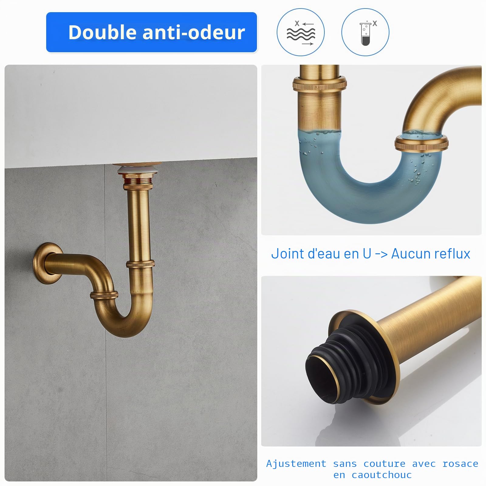 Siphon en P en acier inoxydable et vidage pop-up en laiton, 3,2 cm x 32 mm, universel pour lavabo de salle de bain et lavabo avec trop-plein, siphon anti-odeurs réglable en hauteur, finition