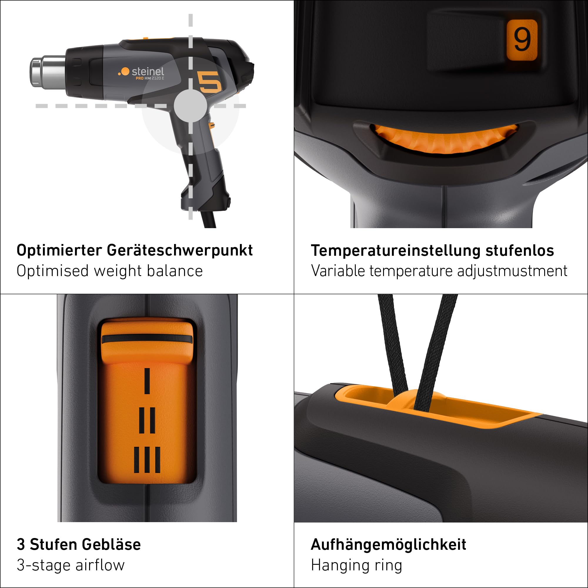 Steinel Heißluftpistole HM 2120 E, 2200 W Heißluftgebläse, Temperatur 80°-650°C, Heißluftfön mit Thermoschutzabschaltung, Keramikheizung