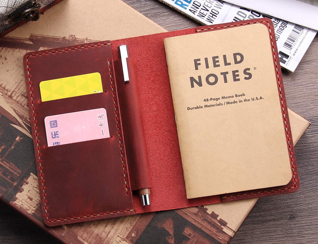 Leather Notebook Cover for Field Notes, Handmade Journal Cover for Moleskine Cahier Journal, Leather Cover with Pen Holder fits 3.5" x 5.5" Pocket Notebook - Wine