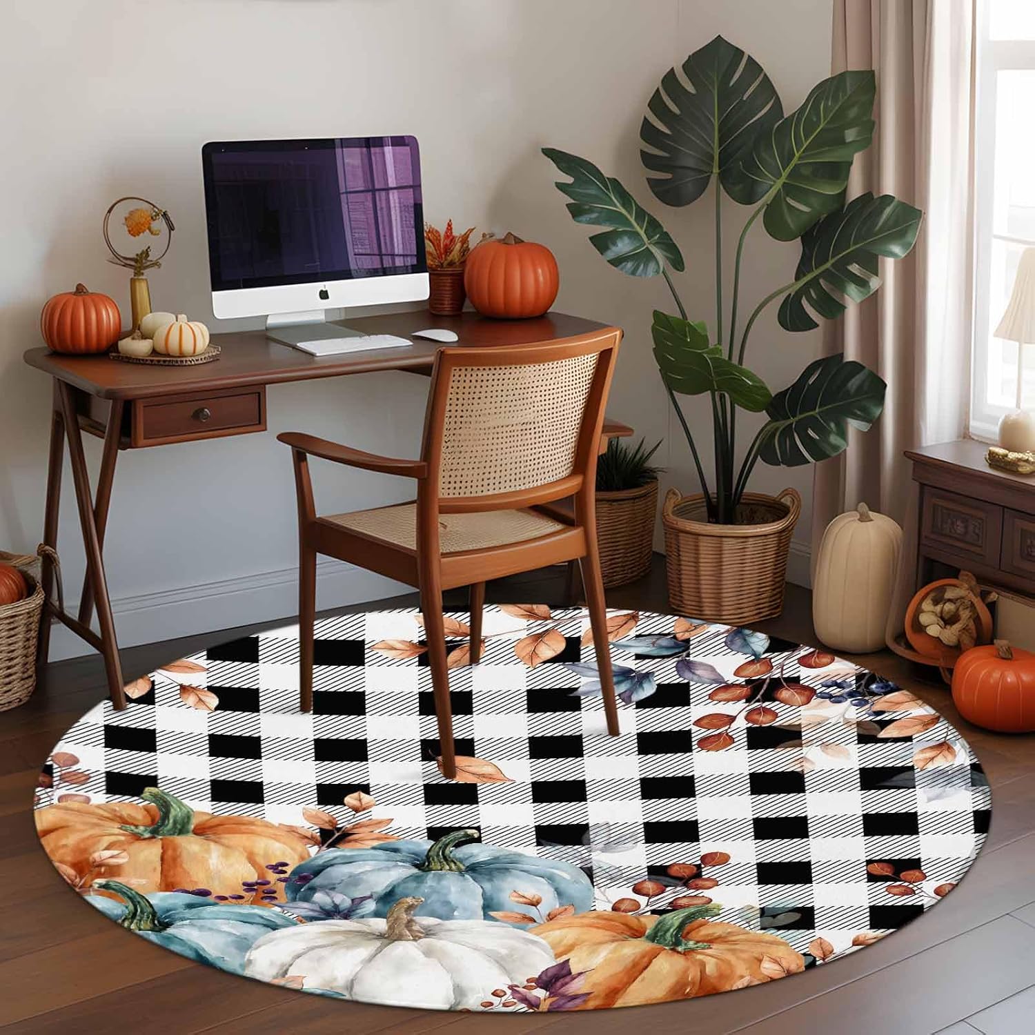 DecorLovee Small Round Rug 3Ft Washable Non-Slip, Orange Blue Grey Pumpkins Fall Circle Area Rugs for Living Room Bedroom, Thanksgiving Botanical Plaid Indoor Floor Mats Carpet Runner for Home Decor