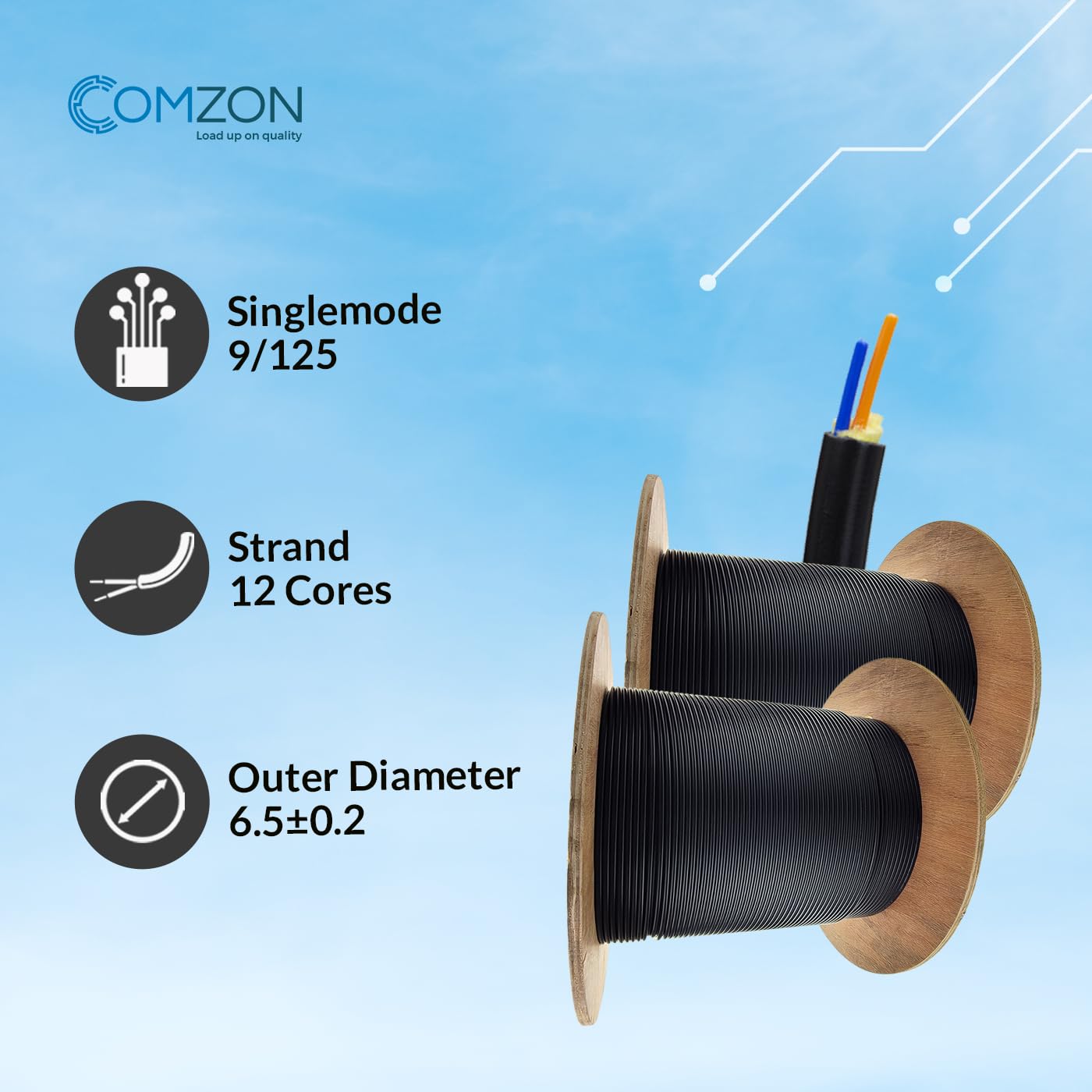 COMZON 1000ft Black 12 Fiber Indoor/Outdoor Singlemode Fiber Optic Cable 9/125, Riser Rated (CMR), Water-Blocking Aramid Yarn, High-Speed Data Transmission, Bare End