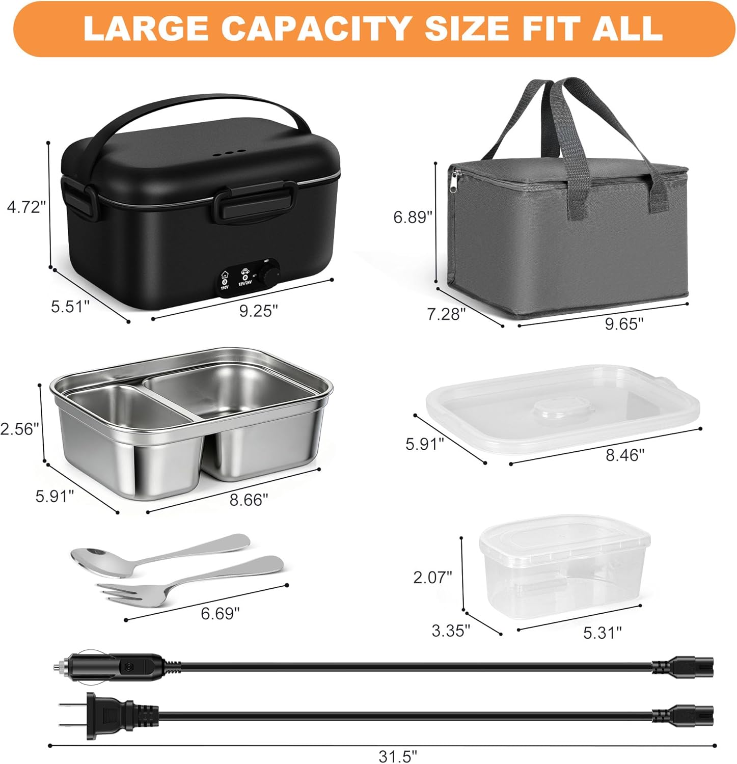 Electric Lunch Box Food Warmer 1.8L - 100W Mechanical Temperature Control Heated Lunch Box for Adults, 12V/24V/110V Fast Heating Lunchbox Food Heater for Work/Car/Truck, Fiambrera eléctrica portátil - Image 7