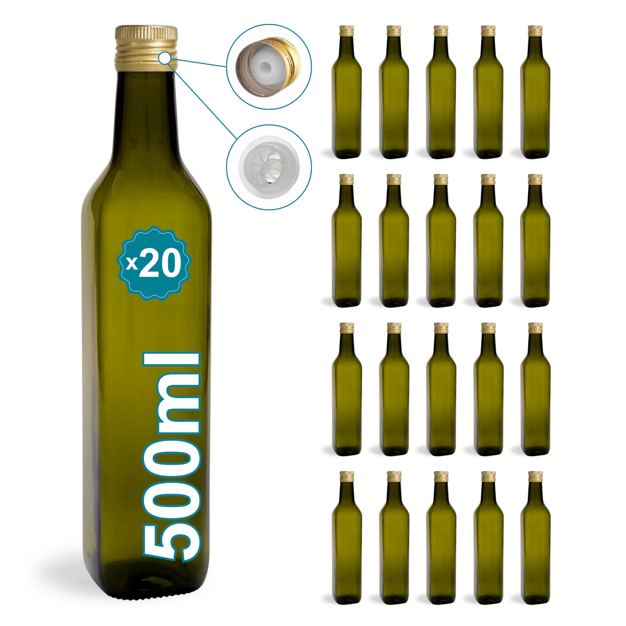Espirito Rebelde 20 x Flaschen aus dunklem Glas, 500 ml, mit goldfarbenem Schraubverschluss, mit Ausgießer, Olivenöl, Essig, Alkohol – Ölbehälter aus Glas