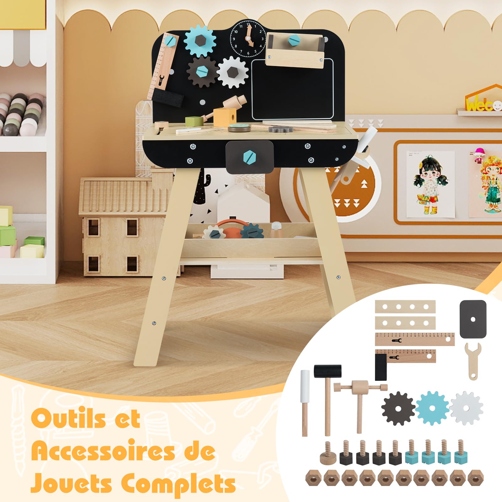 COSTWAY Établi Enfant avec Outils et Accessoires, Atelier Bricolage Enfant en Bois avec Étagères de Rangement, Tableau Noir, Horloge, Marteau, Tournevis, pour Garçons et Filles de 3+ Ans