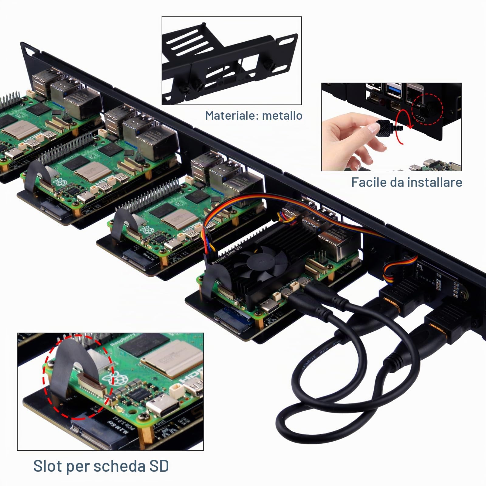 GeeekPi Supporto rack 1U da 19" per Raspberry Pi 5, con 4 adattatori SSD PCIe a M.2 NVMe, display OLED, può contenere fino a 4 schede Raspberry Pi 5, compatibile con server rack da 19"