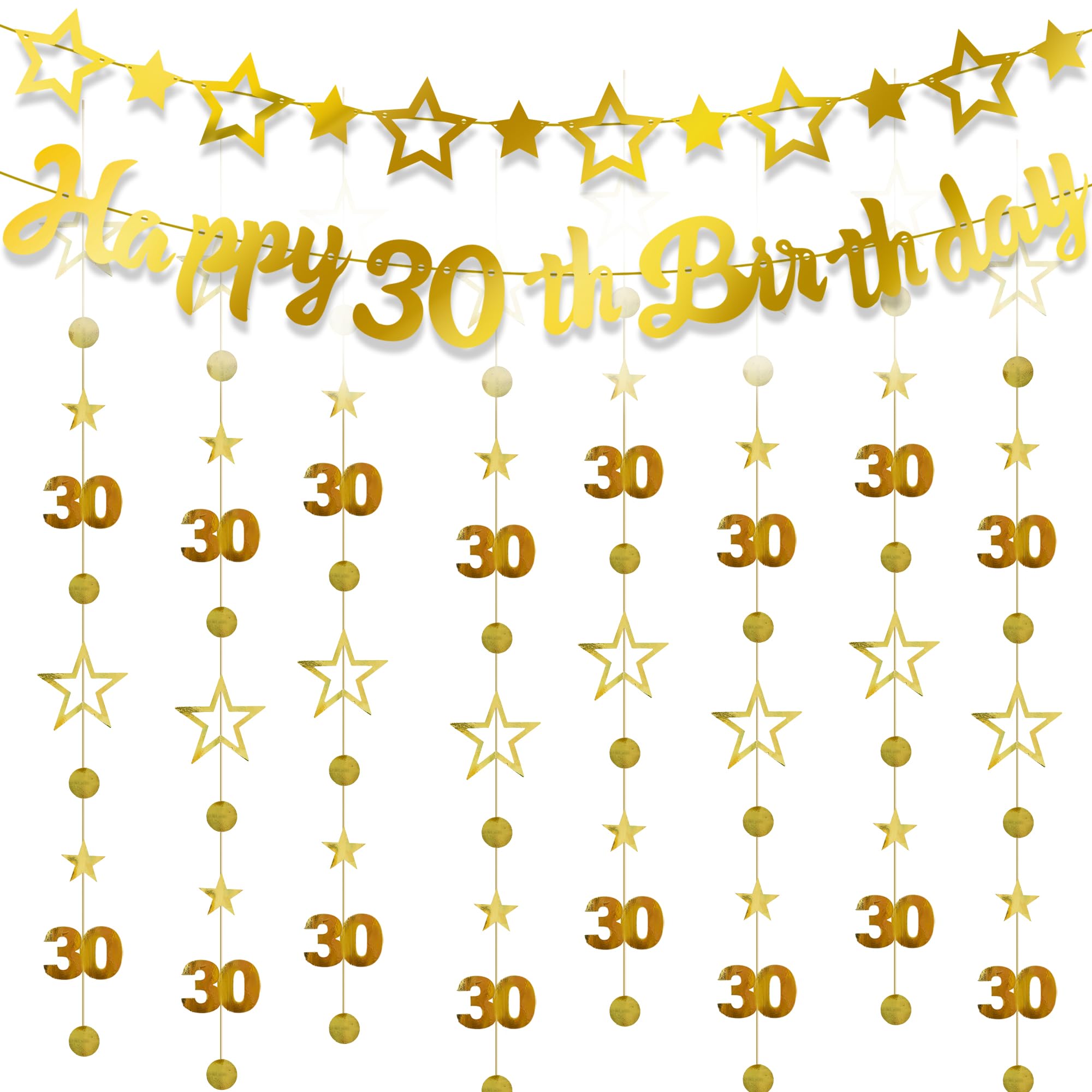 30th Birthday Decorations Banner Garland - 10 Pcs Gold Pre-Strung Banner Star Bunting Number 30 Sparkling Star Garlands for Men Women 30 Years Old Birthday Anniversary Party Decor Supplies