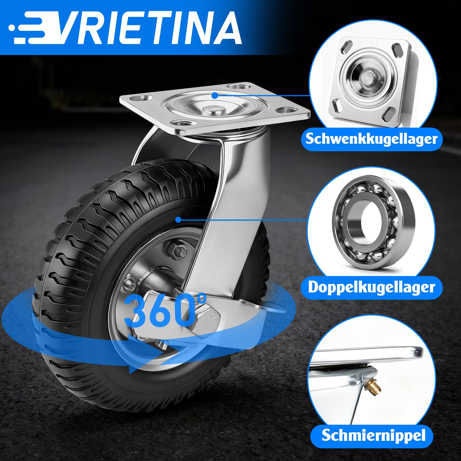 4 pezzi di rotelle girevoli con pneumatici pneumatici con freno Ø 200 x 65 mm, pneumatici silenziosi con ammortizzazione, ruote stabili, rotella di trasporto per carretto e carrello di trasporto Kit