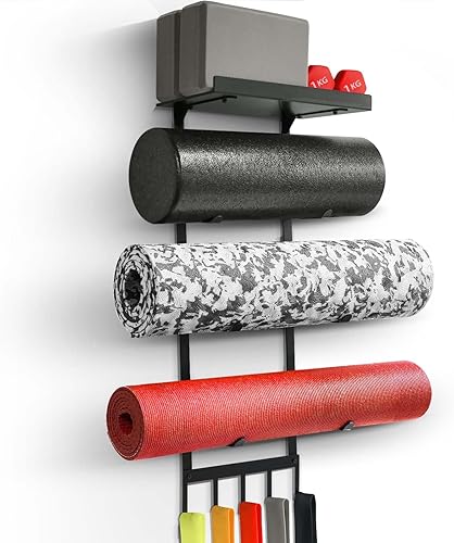 Soporte de pared para esterilla de yoga, estante de almacenamiento de gimnasio en casa con estante superior plano, 4 niveles para tapete de yoga,