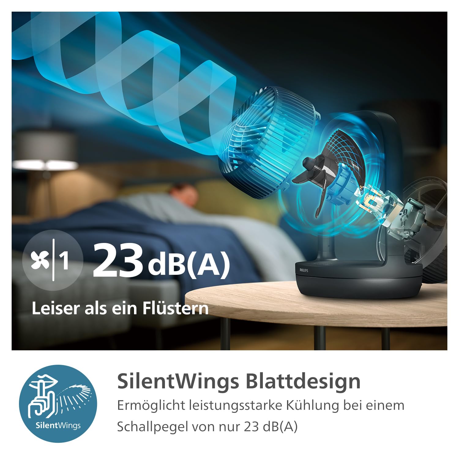 PHILIPS oszillierender Tischventilator Serie 3000, SilentWings-Technologie 23 dB, Neigung 180°, Timer, schwarz CX3050/01