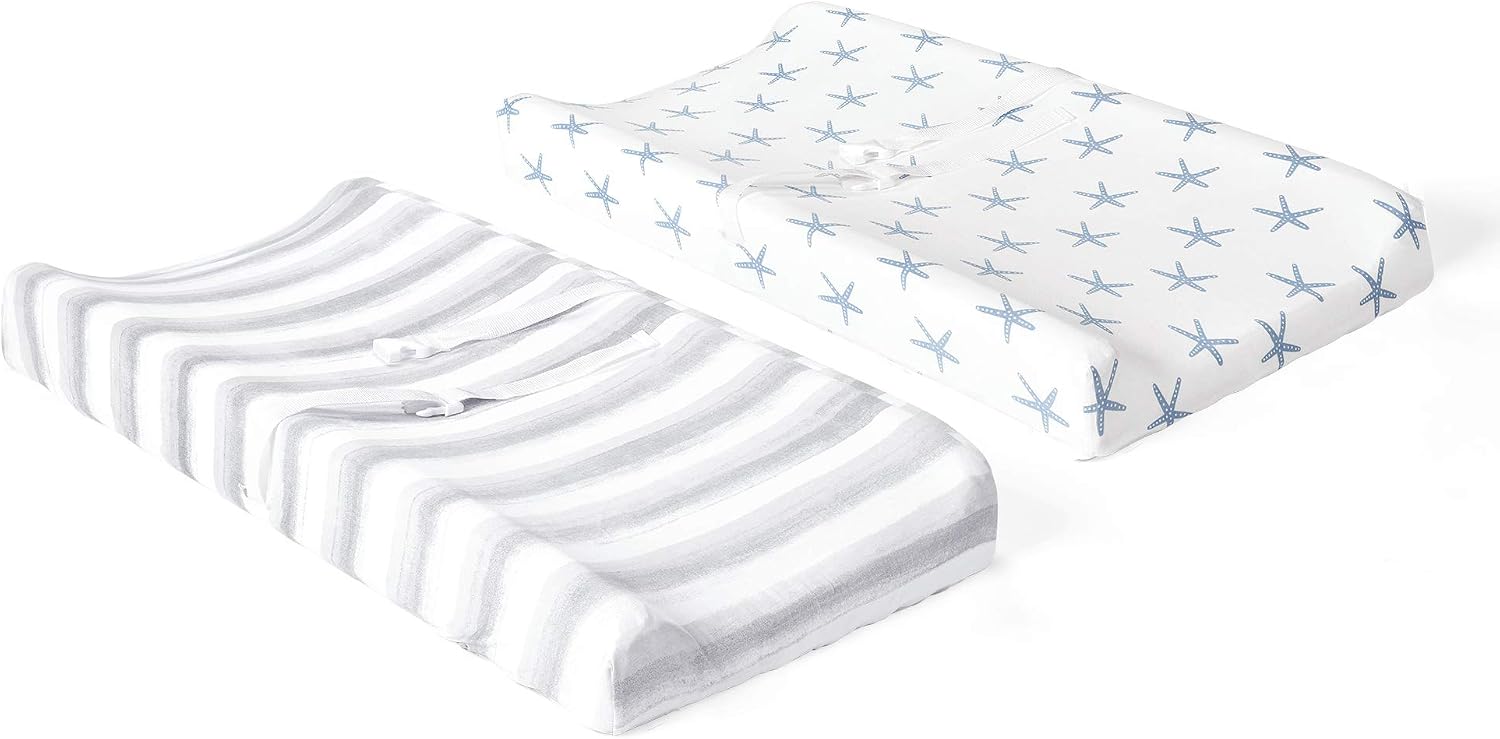 Lush Decor Baby Seaside Starfish Organic Cotton 2 Pack Changing Pad Cover, Blue