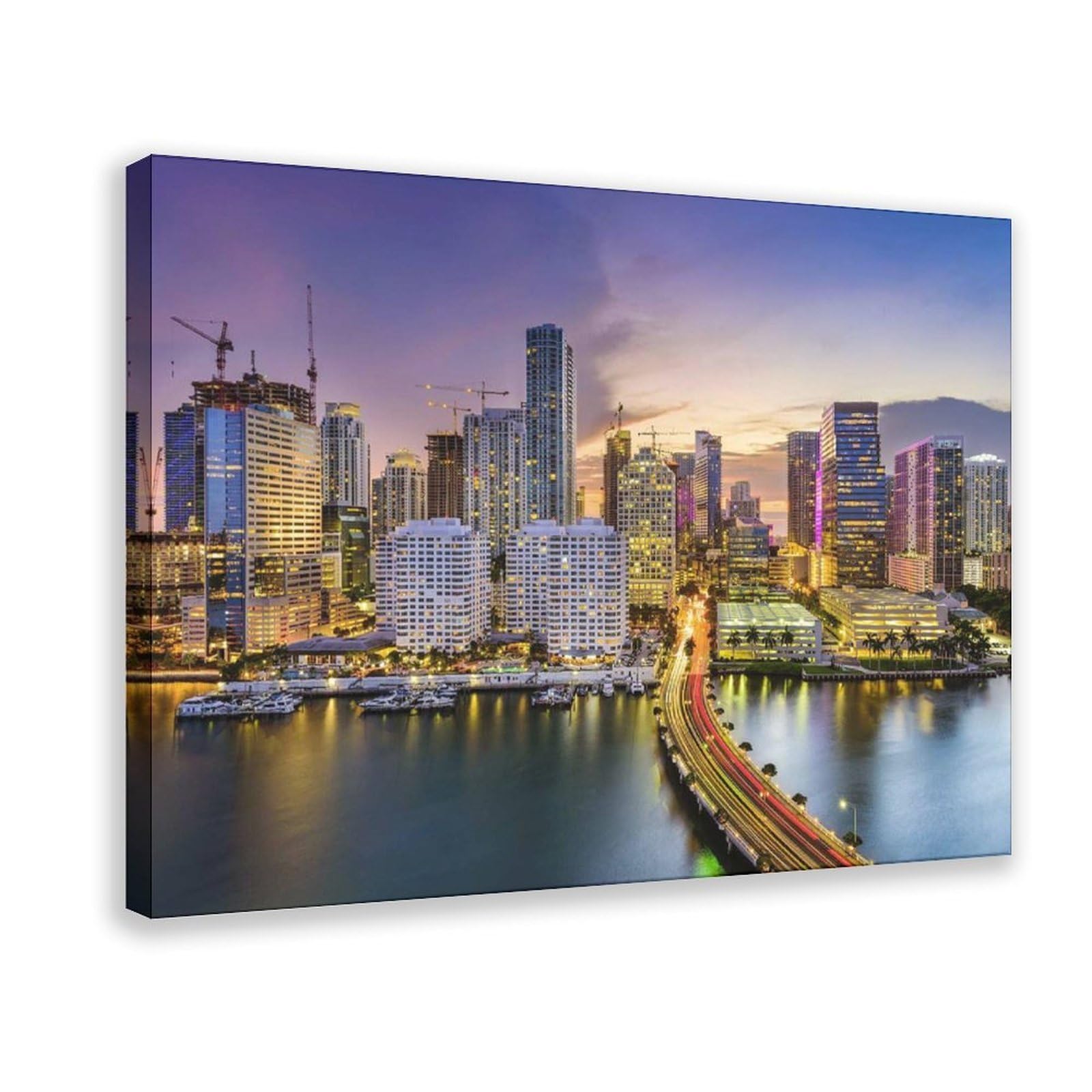 Iyqtaggh Miami Skyline Canvas Poster Bedroom Decor Landscape Office Room Decor Gift 12X18inch(30X45cm)