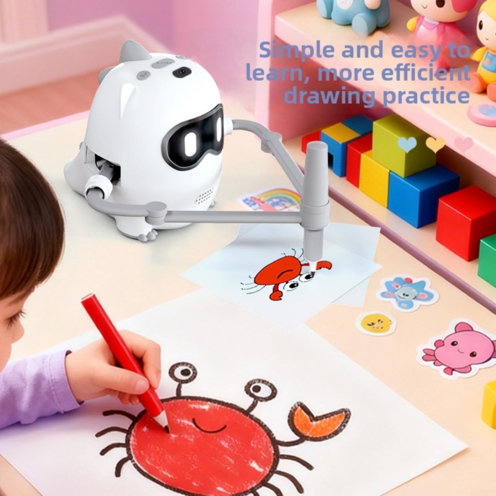 Robot da disegno intelligente con riconoscimento della fotocamera, macchina educativa interattiva per bambini, include 100 carte e 22 penne, materiale ABS per apprendimento domestico (bianco)