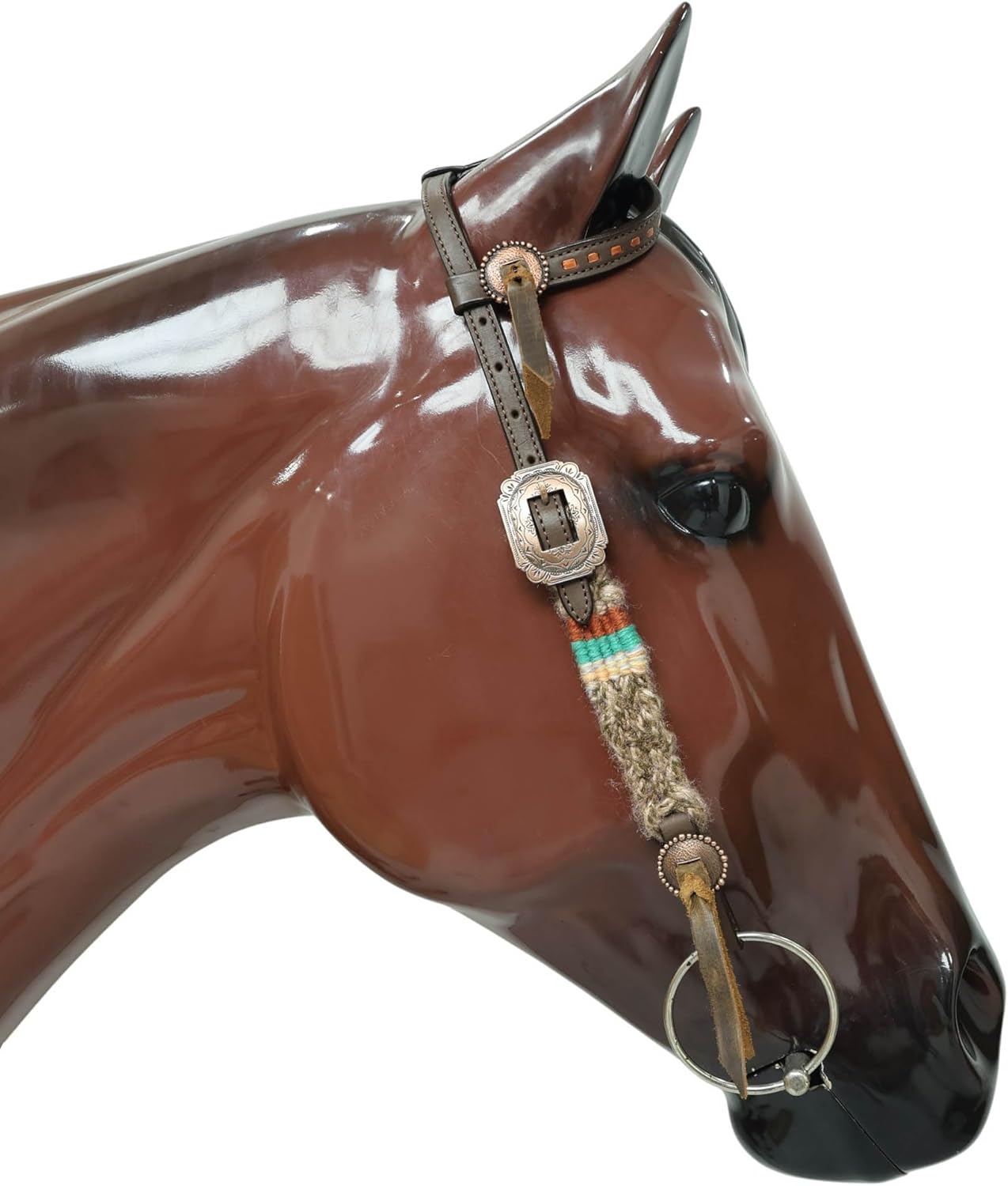 Beige, Turquoise & Reddish Brown Mohair Western Headstall Tack Set with 32” Front Girth – Complete Set with Breast Collar, Bronc Halter & Wither Strap – Antique Copper Hardware – Handcrafted