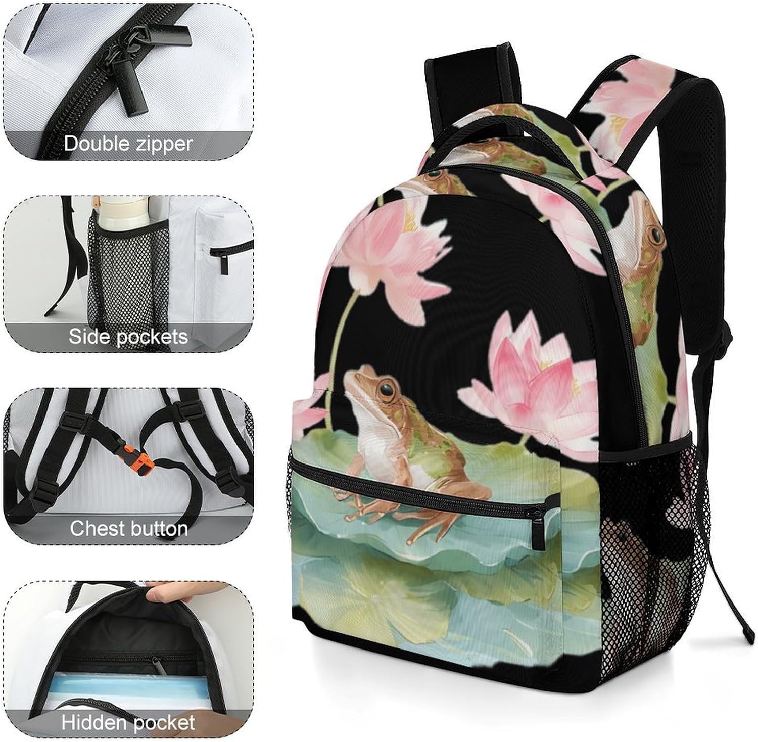 Frog Sitting on Lotuss Leaf Unisex Backpack Casual Daypacks Lightweight Shoulders Bag for Camping Hiking Travel