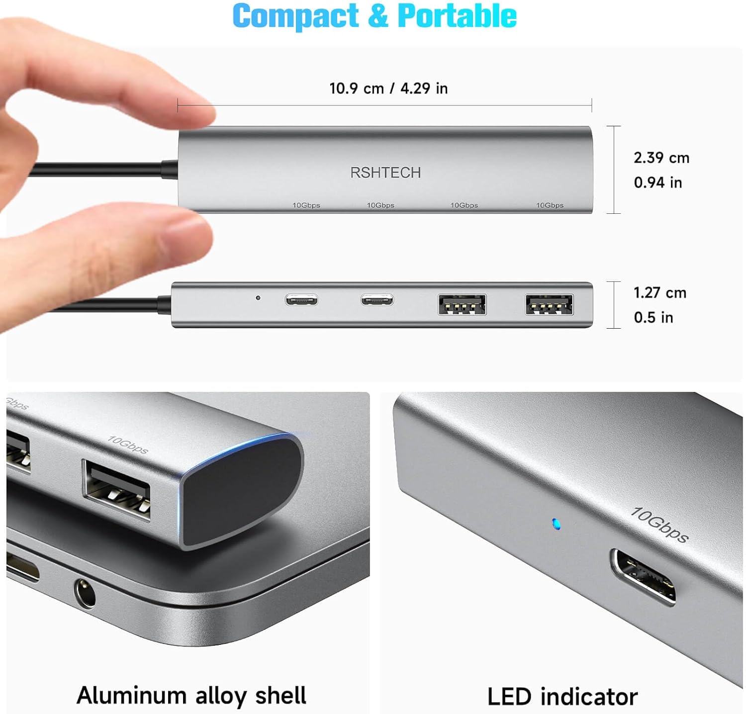 RSHTECH USB C Hub showing its compact dimensions and aluminum alloy shell.