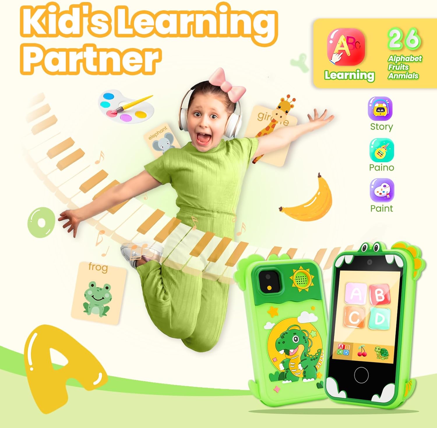 Kids Phone for Girl Toys, Christmas Birthday Gifts for Age 3-10 Year Old Girls Boys Toys, Kids Toddler Smart Phone, Detective Educational Learning Toys with 2.8" Touchscreen, Music Video Game (Green)