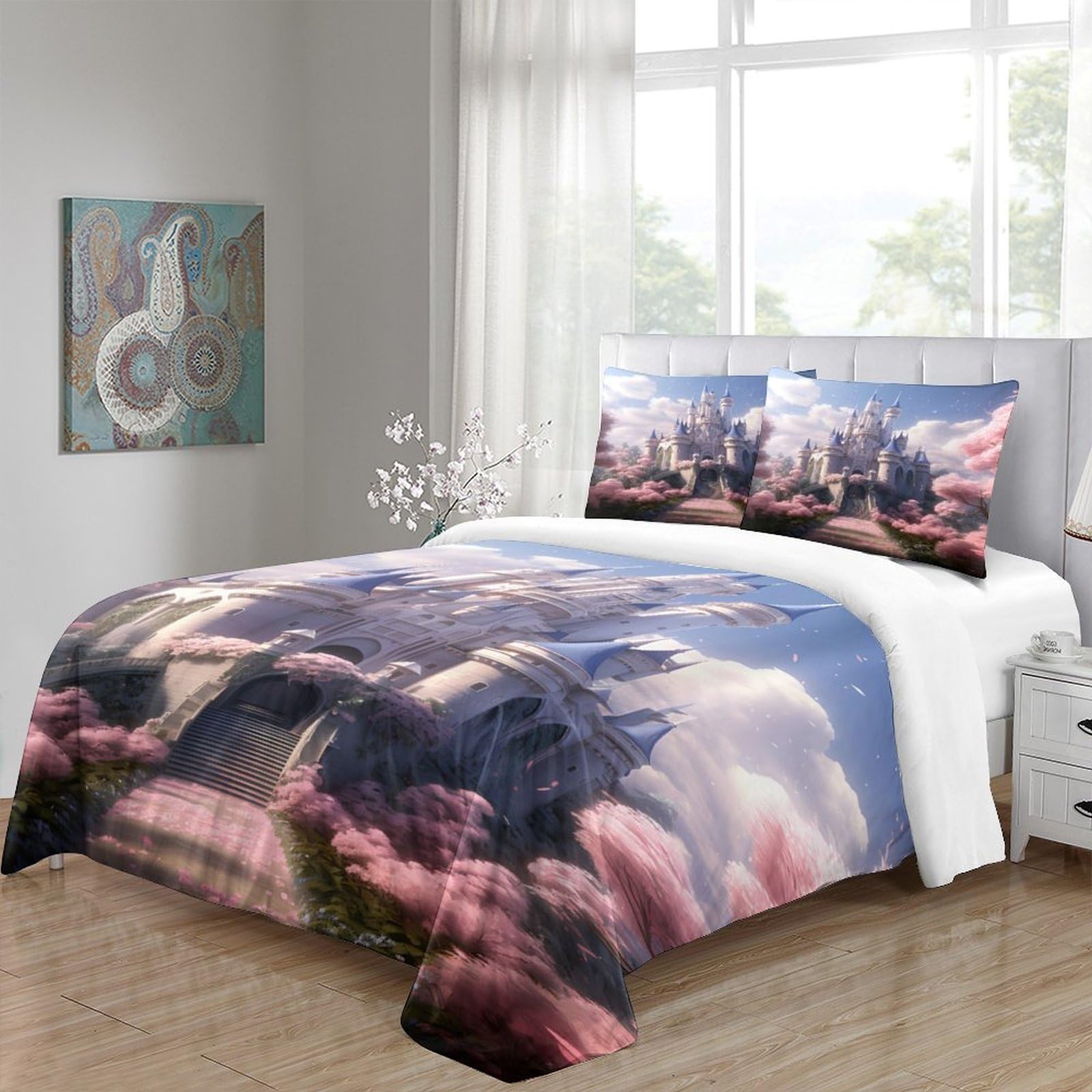 Fantasia del castello Impressione 3D 3 pz fodera per edredone Architettura reale fantasy coperteletto microfibra ipoallergenica zip per bambini ragazzi adulti King（220x240cm）