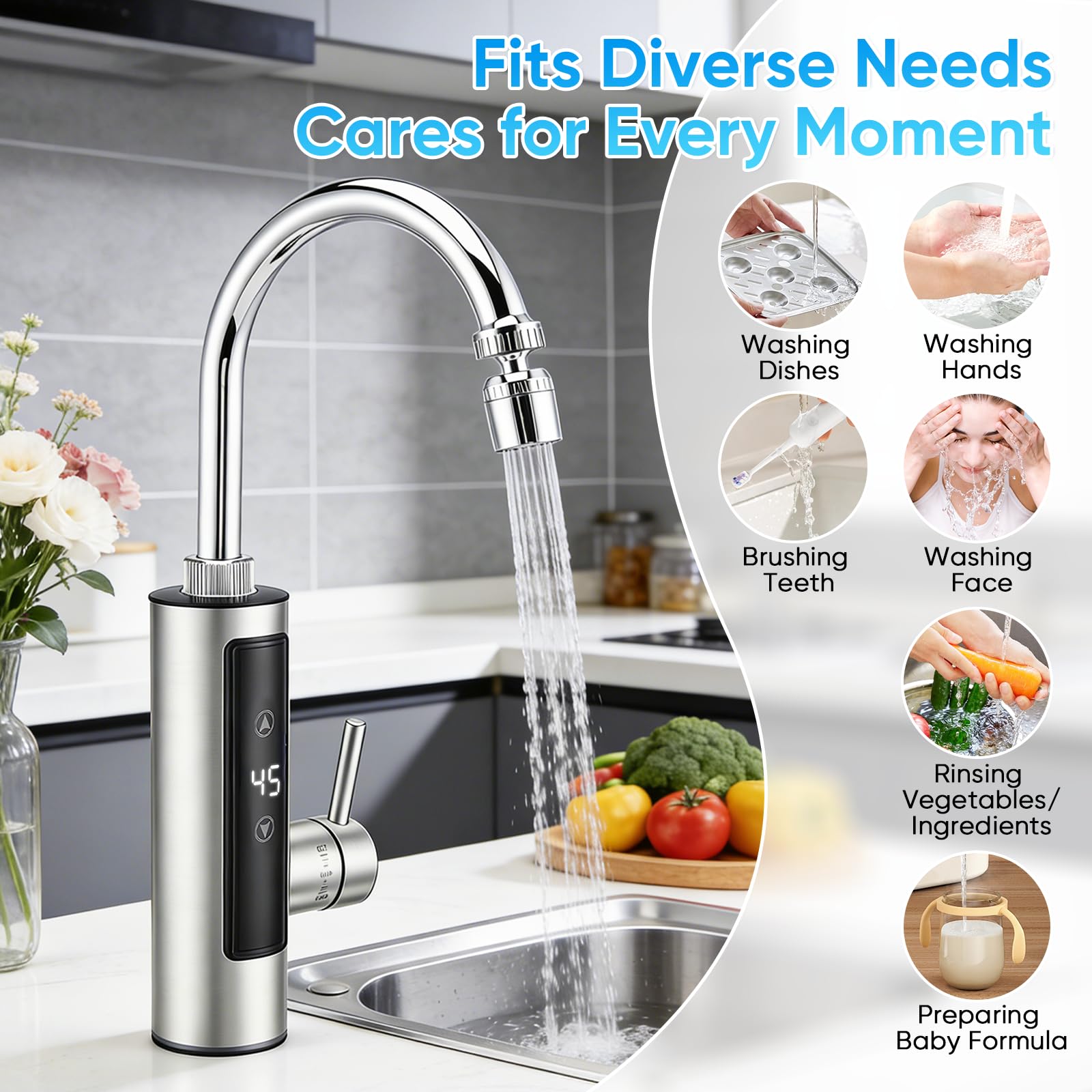 Robinet électrique 3,4 kW avec chauffe-eau instantané pour cuisine - Robinet d'eau chaude avec écran numérique (30-50 °C) - Bec pivotant à 360° et double jet - Eau chaude instantanée pour évier - 220