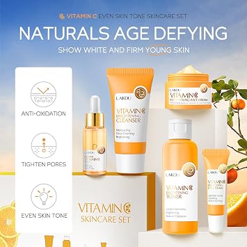 Skin Care Gift Set for Teen Girls Vitamin C Skincare Set 5 Pieces Gentle Skin Cleansing and Care Travel Size Set with Cleanser Toner Face Serum Eye Cream Face Cream Brightens