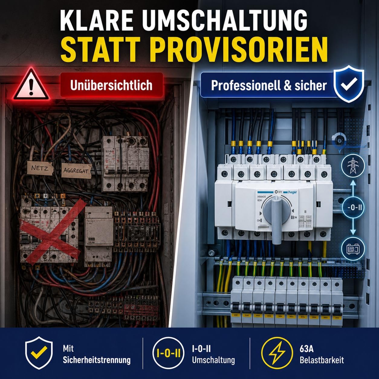 HAGER HIM406 Lastumschalter 63A 4-polig 3P+N für Hutschiene 35mm, Umschalter mit Sicherheitstrennung I-0-II, Lasttrennschalter 400V AC 41kW nach DIN EN 60947-3, 8TE Modulgerät