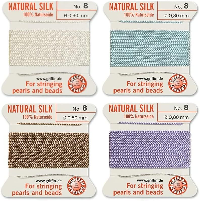 JewelrySupply Griffin Bead Cord 100% Natural Silk #8 Color Assortment (White/Turquoise/Beige/Lilac) Each Card Includes a stringing Needle.