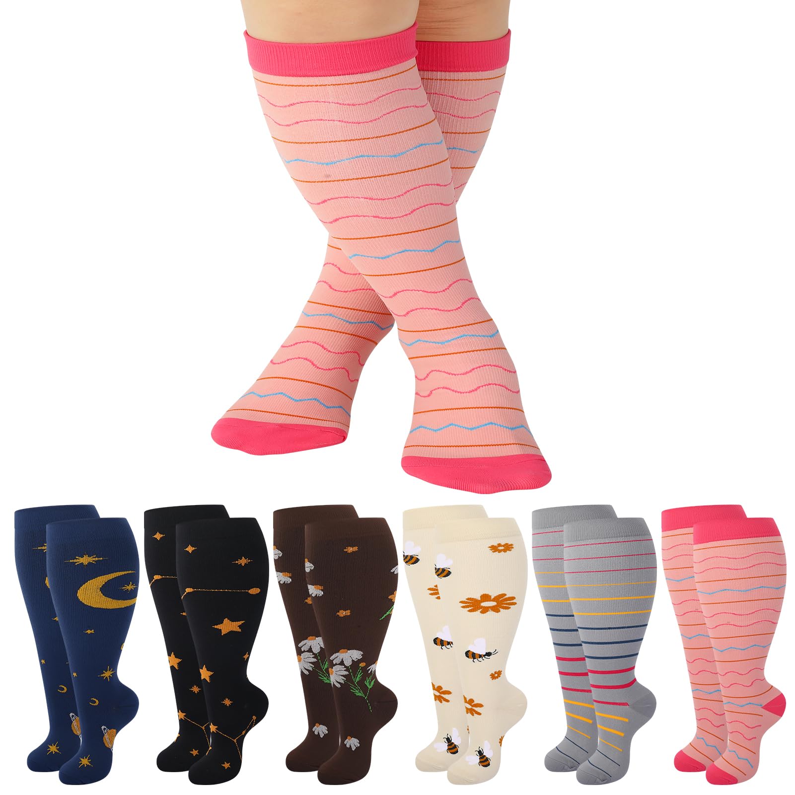 Jspupifip 6 Pairs Plus Size Compression Socks