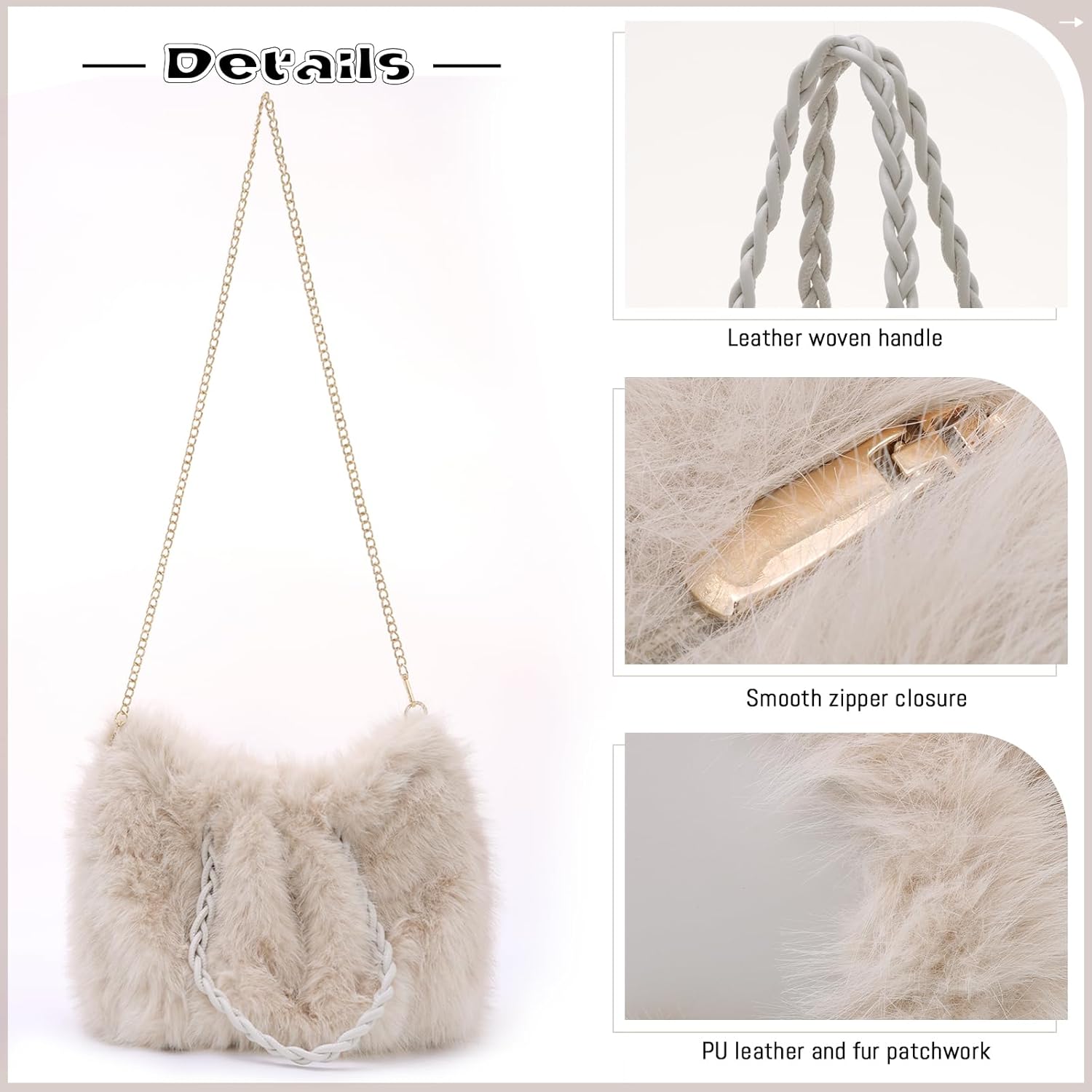GOKTOW Faux Fur Purse for Women, Soft Fluffy Furry Fuzzy Handbag,3-Way Carry Tote Bag for Winter Daily Commute Shopping - Image 4