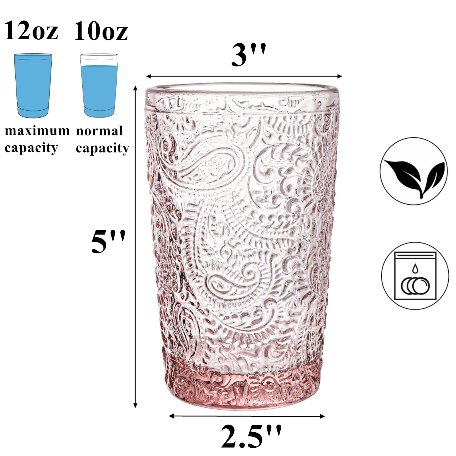 Tebery Paquete de 6 vasos de 350 ml, vasos de bebidas de 350 ml, vasos de agua románticos, juego de cristalería vintage para agua, jugo, vino, cerveza y cócteles