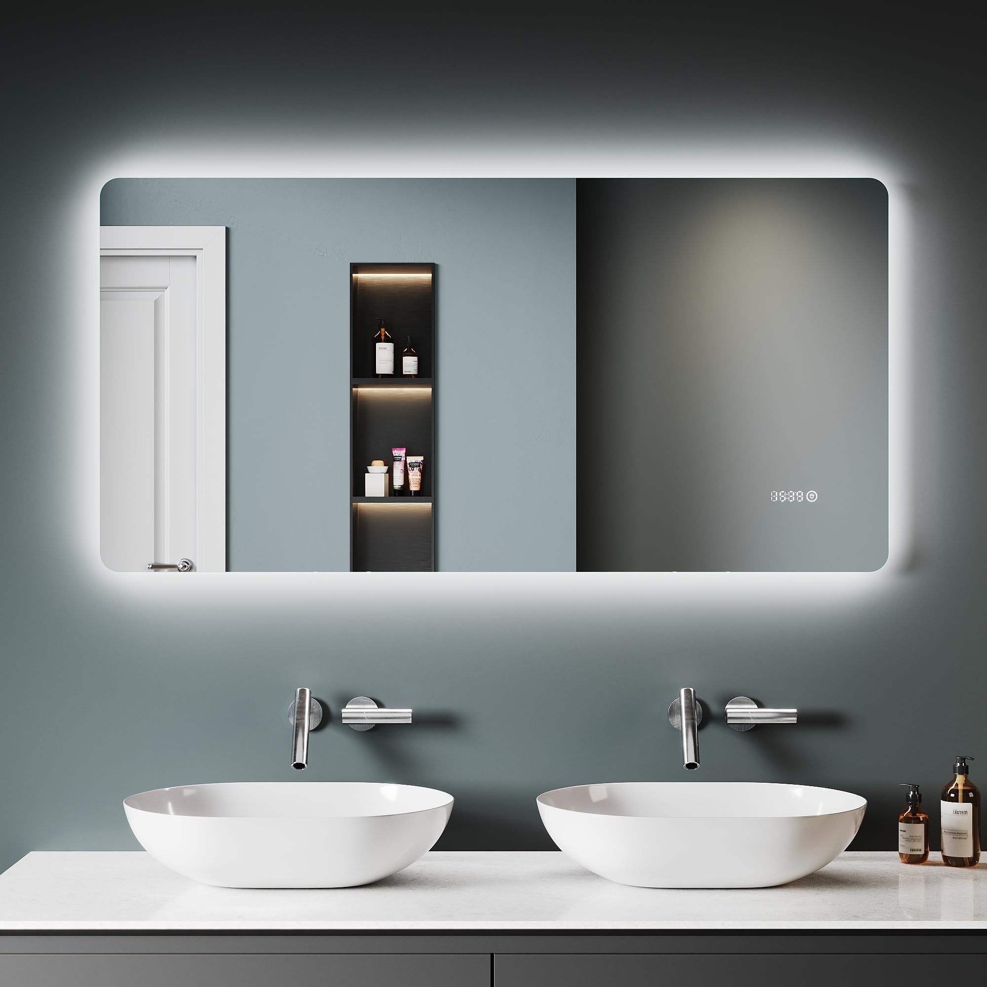 SONNI Badspiegel mit Beleuchtung 120×60 cm, Uhr und Temperatur