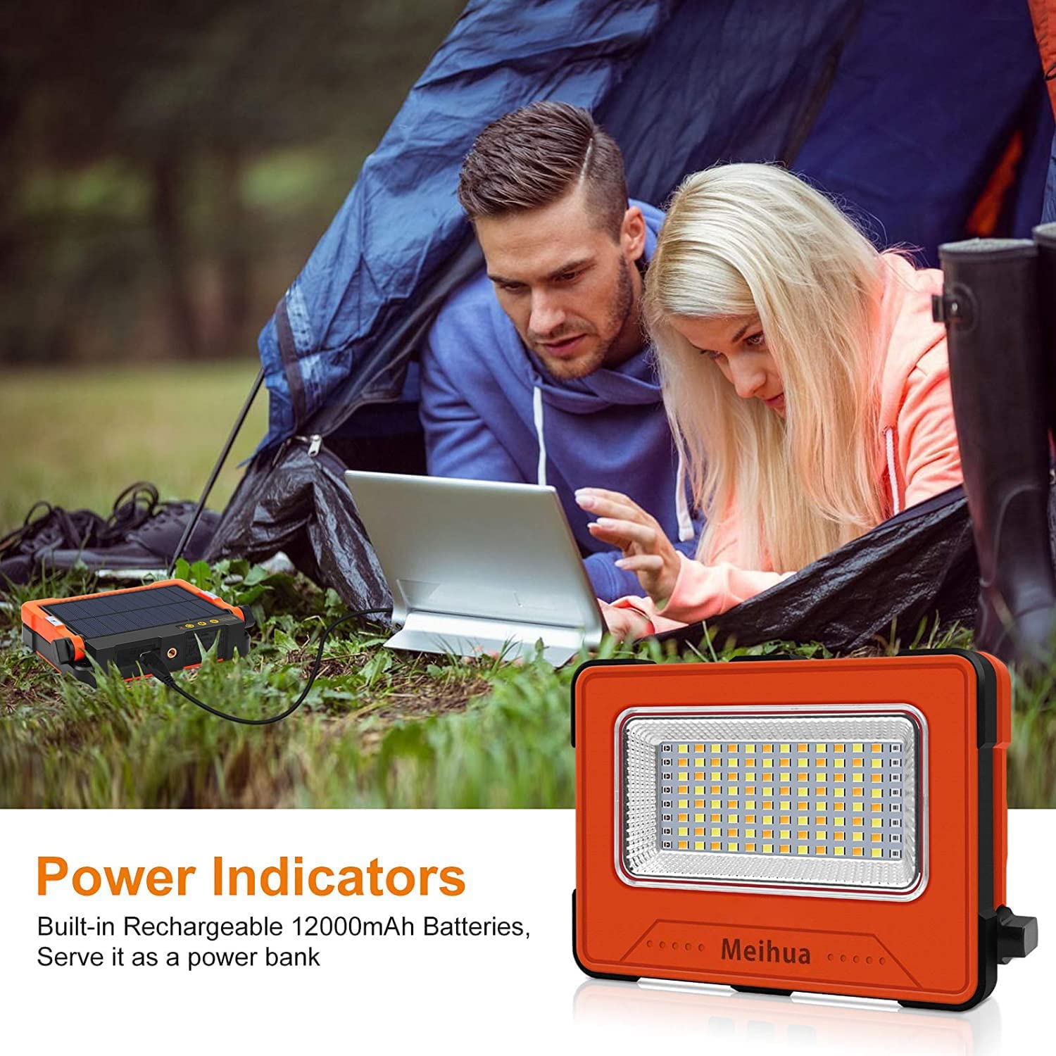 MEIHUA Lampa robocza LED, 60 W, 10 000 mAh, reflektor budowlany LED, akumulator, wodoszczelna, przenośna, ładowana, 4 tryby świecenia, USB lub ładowanie solarne, lampa na plac budowy, warsztat,