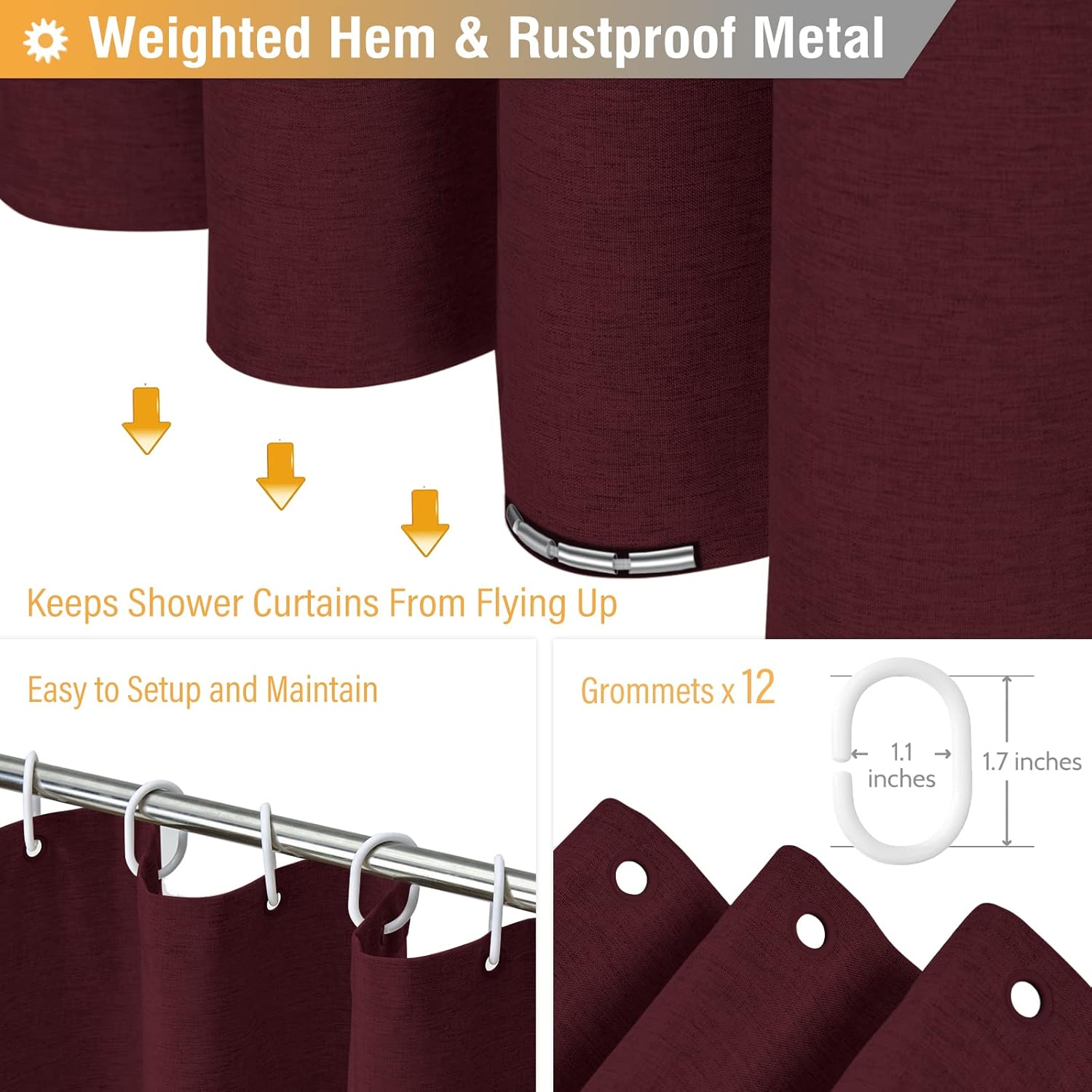 BTTN Fabric Shower Curtain, Linen Textured Heavy Duty Polyester Cloth Shower Curtain Set with Plastic Hooks, Burgundy, 72" W x 84" L (Pack of 1)