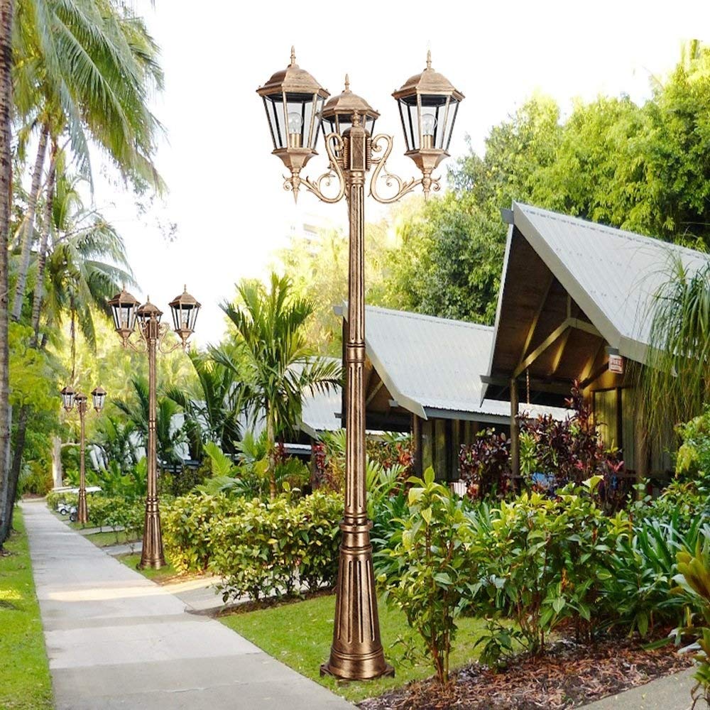 Lanterne en verre vintage européen pour parc, lampadaire de rue, lampe de chemin 3 lumières américaines vintage alimentées par poteau pour allée, allée en aluminium, métal, patio, jardin