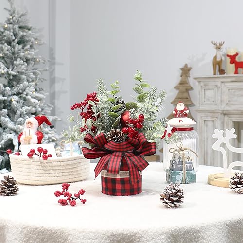 Miniatura 6 de Pequeño árbol de Navidad a cuadros de búfalo, mini decoración artificial de árbol de Navidad de mesa, para invierno, hogar, fiesta, decoración de