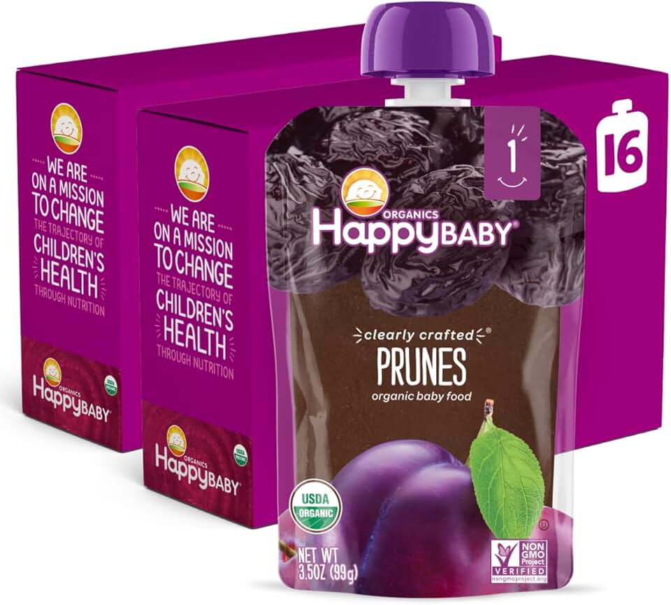 Happy 嬰兒 Organics Clearly Crafted Stage 1 嬰兒食品 Pouches, Prunes, 3.5 Ounce 袋裝食品 (包裝 的 16) 美國農業部有機認證