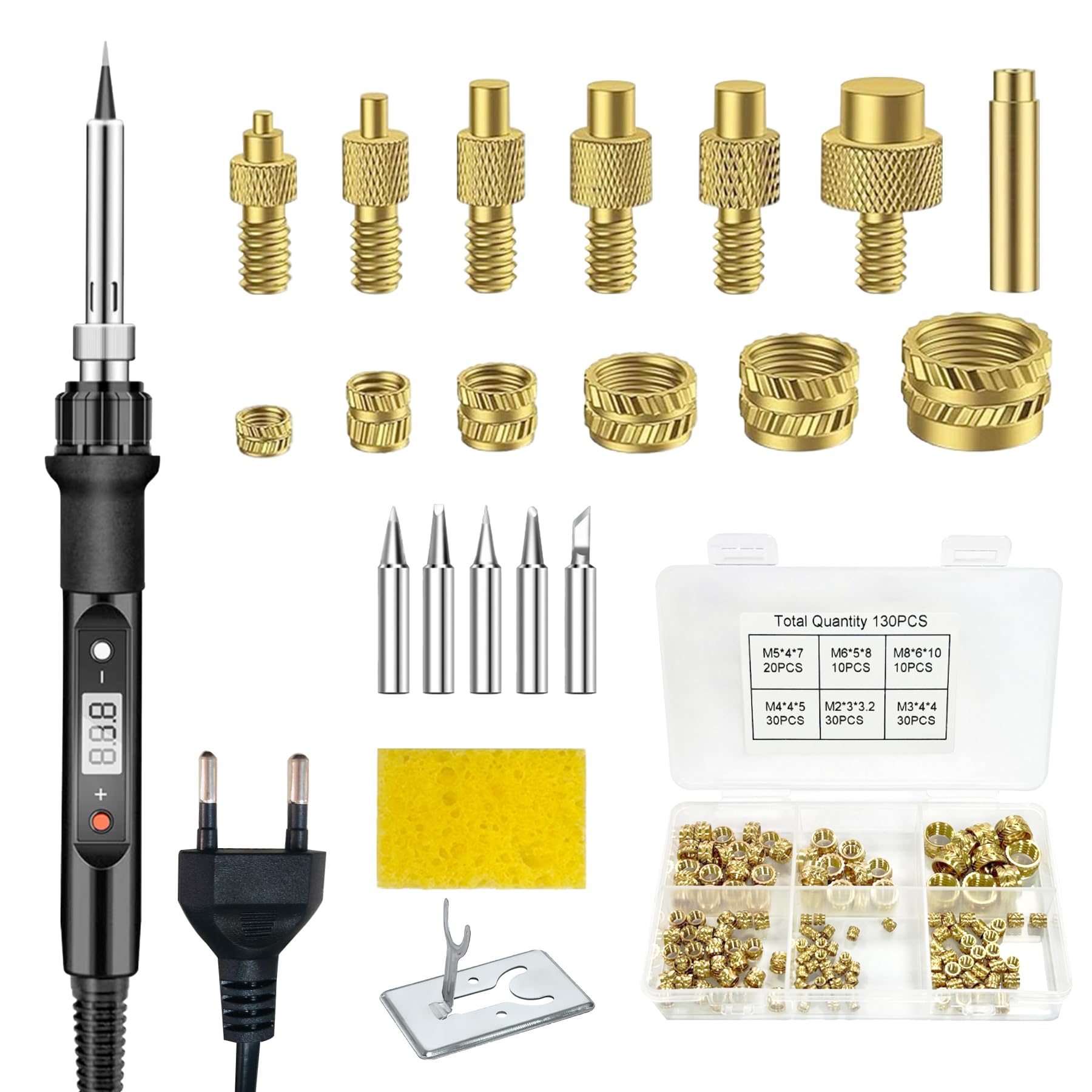 Gewindeeinsätze Lötspitzen Set, 80W LED Temperatur Einstellbar, 130PCS M2-M8, 6lg. Lötspitzen, 5 austauschbare für 3D Druck