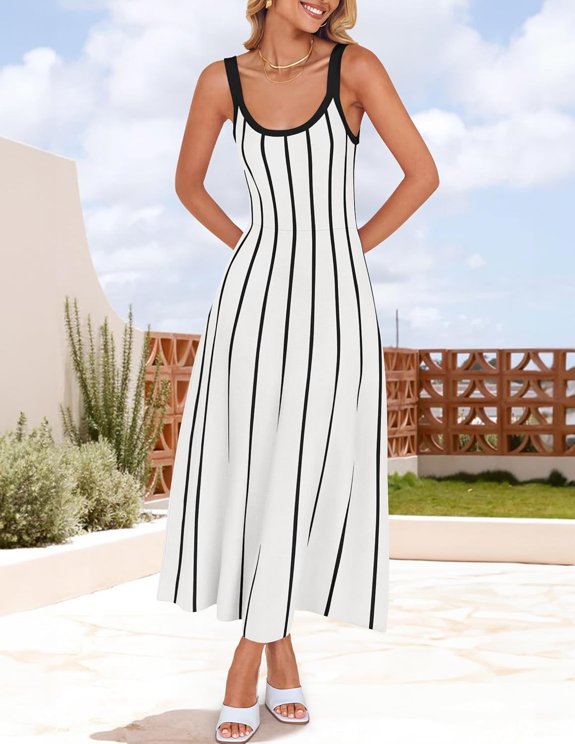 ZESICA Womens 2026 Summer Sleeveless Striped Midi Dresses Casual A Line Swing Knit Long Dress Beach Vacation Clothes - Image 3