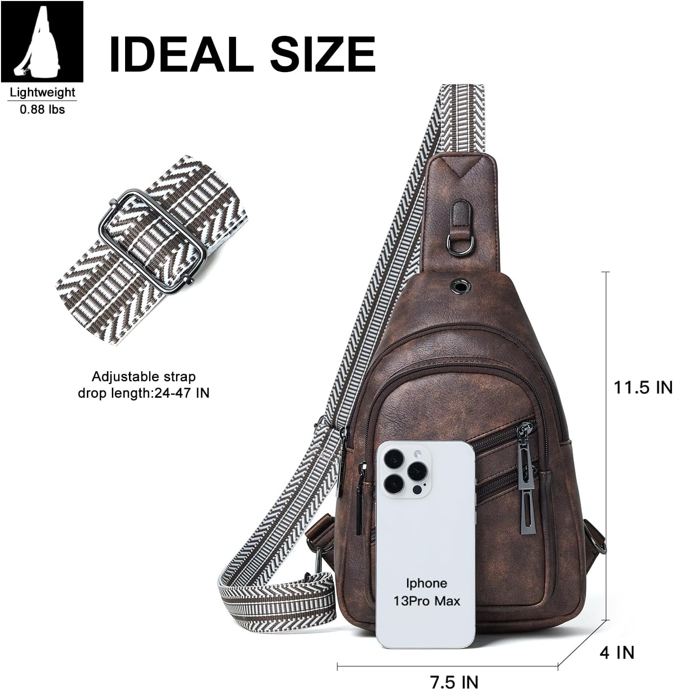 Leresas 7L Crossboydy Sling Bag for Women Vegan Leather Crossbody Purse Fanny Pack Chest Bag for Travel,Coffee
