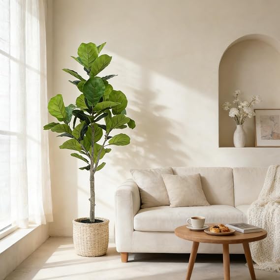 Artificial Fiddle Leaf Fig Tree 4ft - Faux Ficus Tree Nearly Natural Indoor Outdoor, UV-Resistant Tall Artificial Plants, Standing Fake Plant Tree for Home Office Living Room Decor