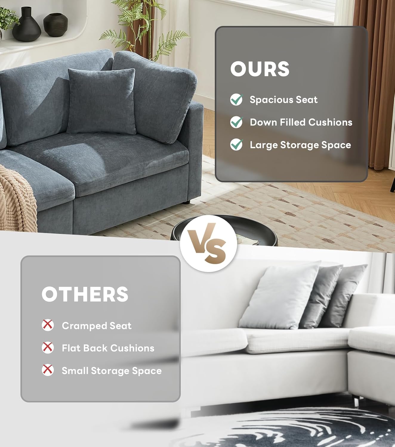 Tbfit Loveseat Modular Sectional Sofa, Oversized Comfy Cloud Couch for Living Room, Washable Faric Cover, 2 Seat Grey