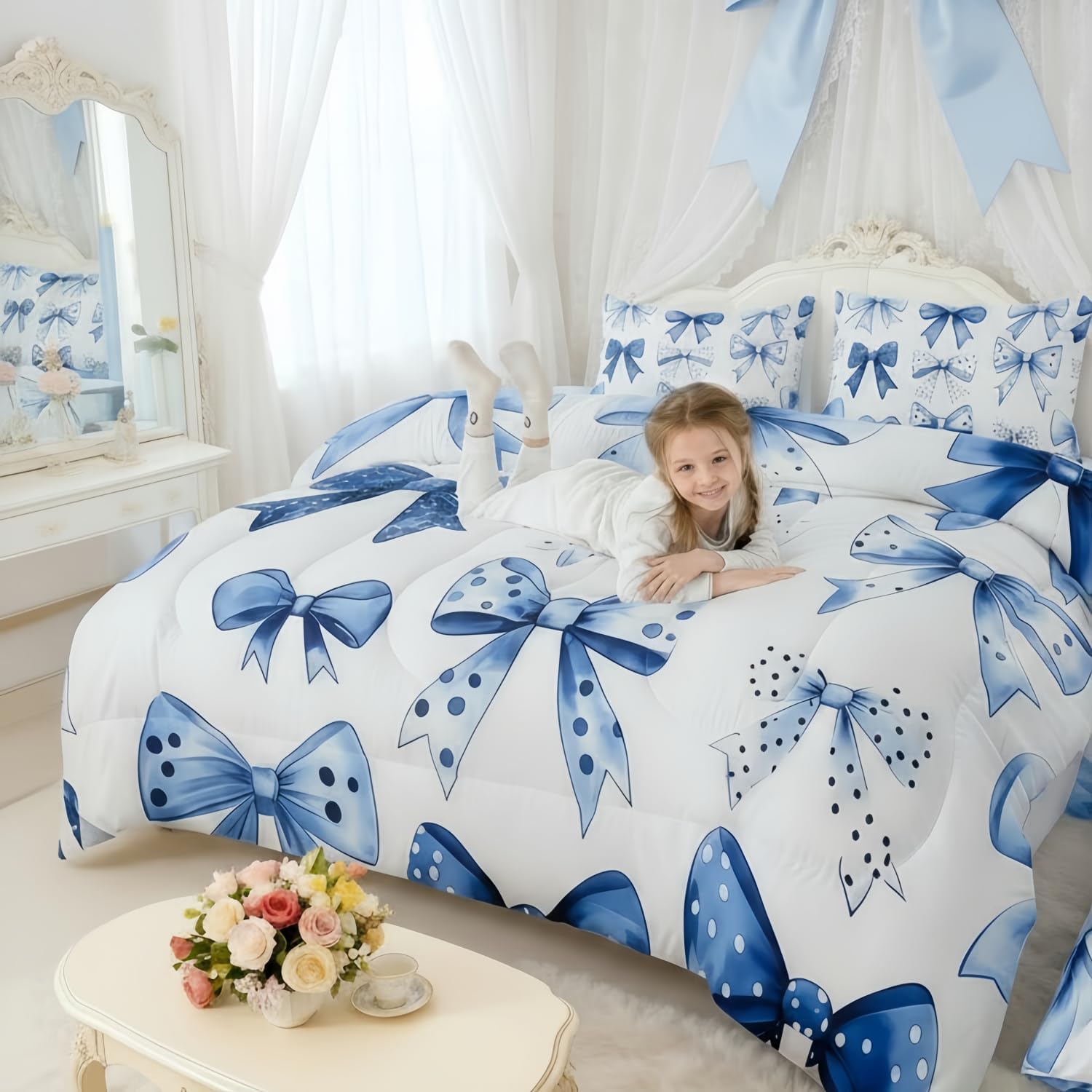 Erosebridal Kids Blue Bow Comforter Set with Sheets Queen Size Princess Bow Tie Girls Bed in A Bag Ultra Soft Butterfly Knot 7 Pieces Bed Set Bedroom Decor Fairy Tale Theme Girlish Room Decor
