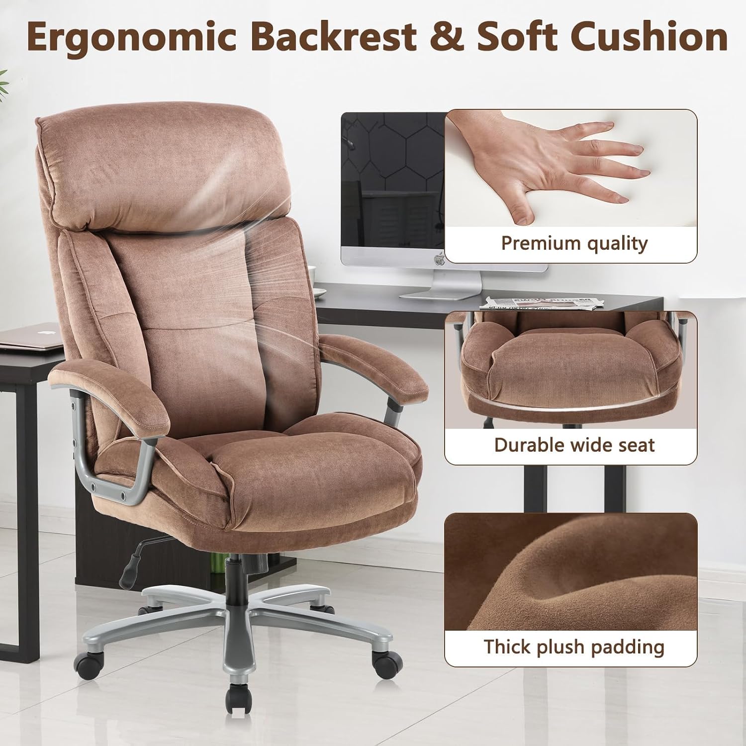 CLATINA Big and Tall Executive Office Chair, Extra Wide Seat, 800 LBS Capacity Heavy Duty Ergonomic Cloth Desk Chair with Wheels and Padded Armrests, High Back Fabric Computer Task Chair, Brown